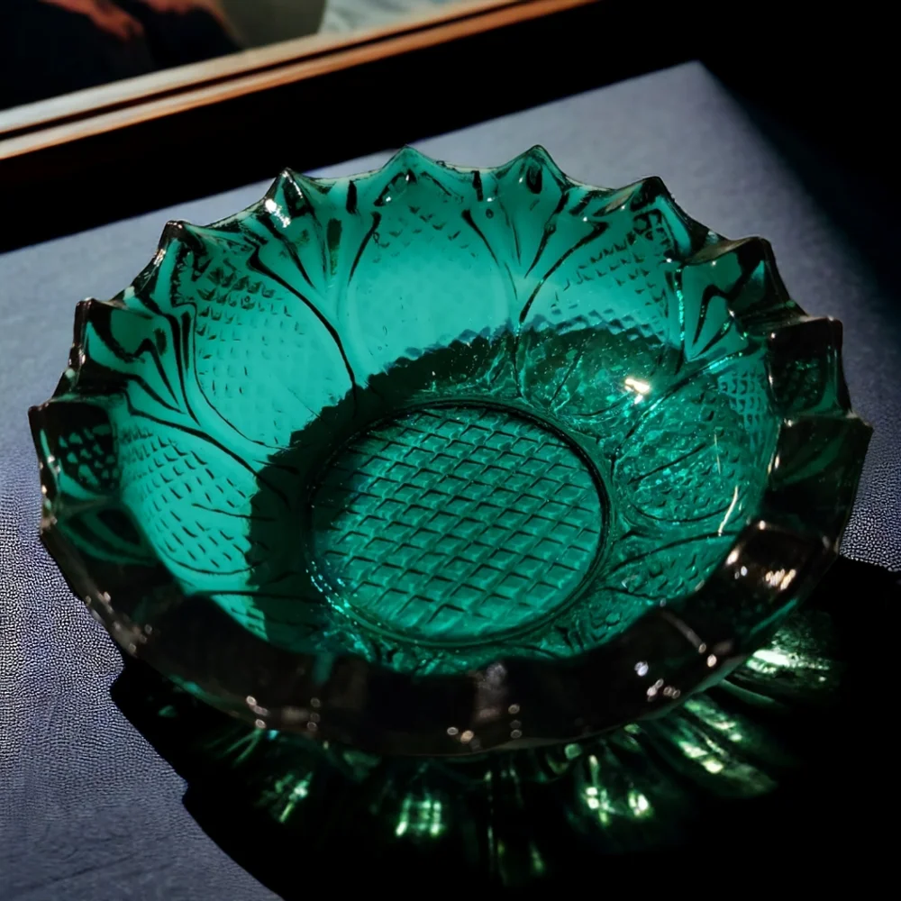 Vtg Ashtray Sauce Bowl  Green Blue Heavy Depression Glass Reflects Light